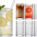 Large Hobnail Drinking Glasses Set of 6, 16oz Clear Highball Glasses Embossed Boho Water Glass Cups, Kitchen Bar Tumbler Glassware for Cocktail, Juice, Whiskey, Milk and Various Mixed Drinks