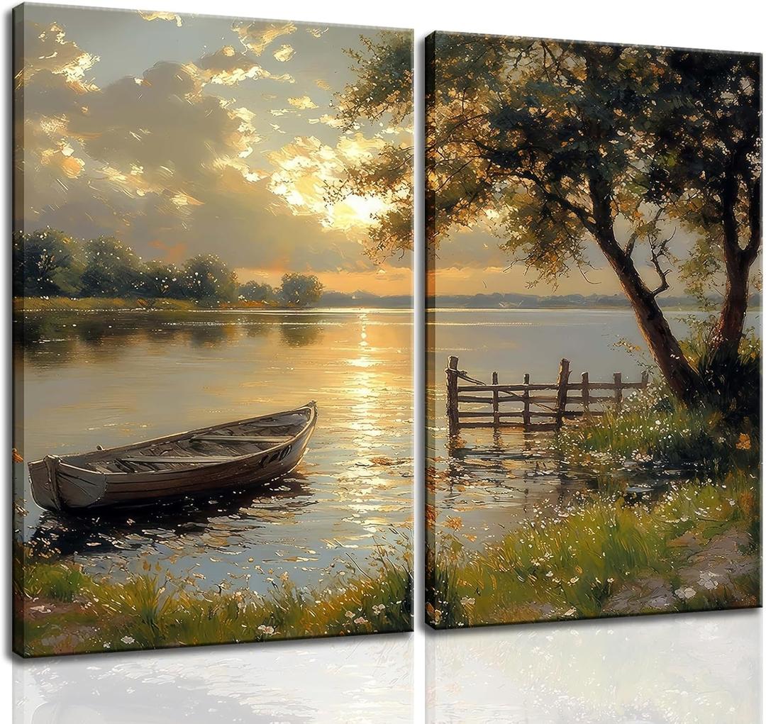 2Pcs Framed Fall Landscape Canvas Wall Art, Lake Boat Forest Art Prints, Autumn Scenery Nature Decor Pictures, Rustic Gold Paintings Wall Decor Living Room, Bedroom, Office 16x24in