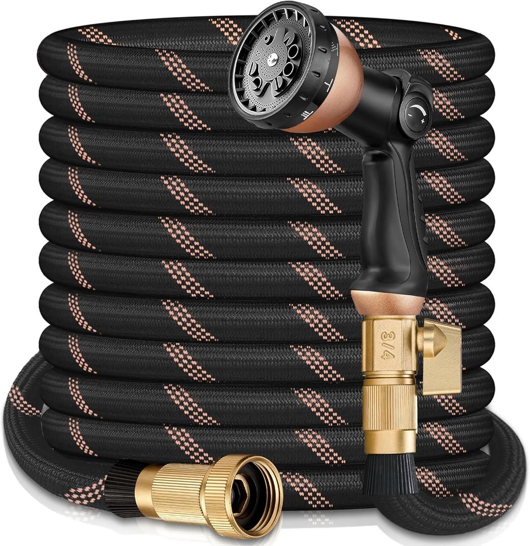 100FT Garden Hose w/10 Function Spray Nozzle, 2026 Ultra Lightweight Water Hoses, 3/4" Brass Connectors- Durable, Lightweight & Flexible Water Pipe for Outdoor & Gardening(Black Rose gold)