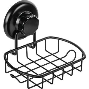 Suction Soap Dish with Hooks - Super Powerful Vacuum Suction Cup Shower Soap Holder - Rustproof Stainless Steel SS304 Soap Basket - Sponge Holder for Bathroom & Kitchen (Black)