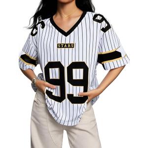 MYHALF Oversized Jersey Shirts for Women Cute Number Graphic Tshirt V Neck Streetwear Casual Y2k Short Sleeve Tee Tops Stripes Black XXL