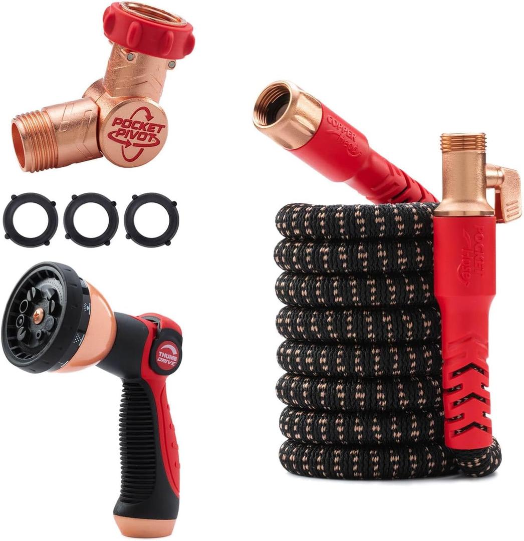 Pocket Hose 25 FT Copper Head Expandable Garden Hose with Pocket Pivot, No Tangles, AS SEEN ON TV, 360 Swivel, Tri-Tex Tubing, Force Field Jacket, Lead-Free, No-Kink, Anti-Burst w/APT