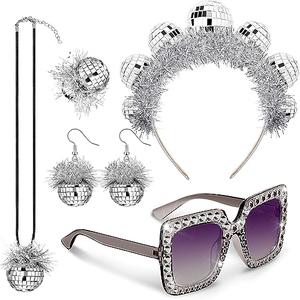 Tudomro 5 Pcs 1970s Disco Outfit Woman Party Costume Set Disco Ball Earrings Headband Ring Sunglasses & Necklace Accessories(Tassels Style)