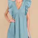 FANCYINN Women's Summer Casual Babydoll Mini Dress Ruffle Sleeveless Deep V Neck Pleated Swing Flowy Tunic Dress (Blue, L)