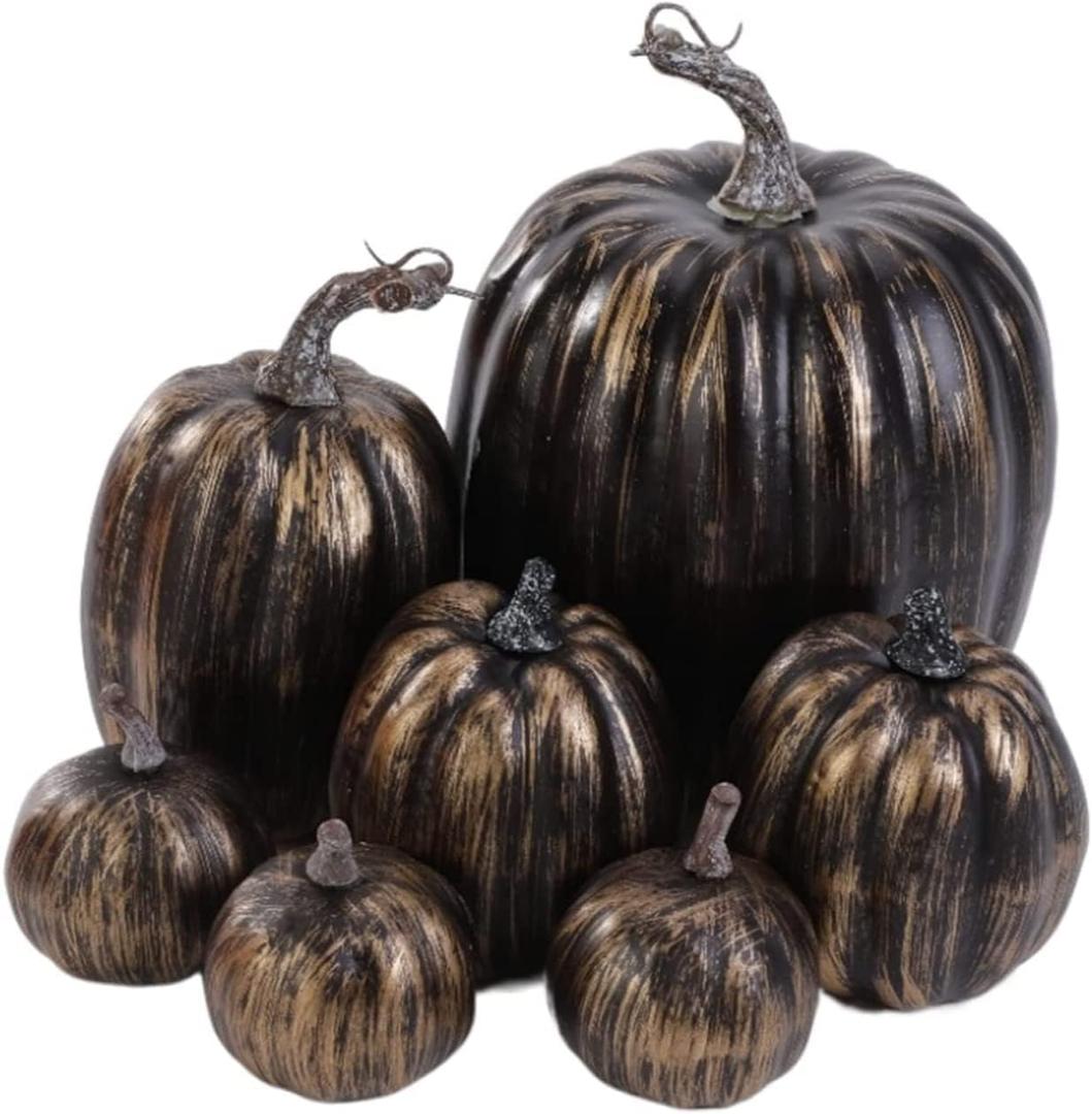 Lizxun 7 Pcs Artificial Pumpkins Halloween Simulated Foam Orange Pumpkin, Harvest Fall Foam Pumpkins for Autumn Thanksgiving Home Party Supplies (7pcs Black Gold-A1)
