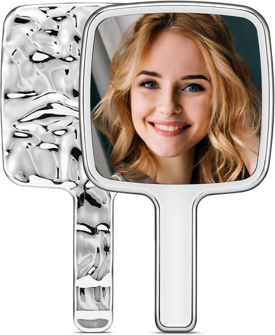 Handheld Mirror, Water Ripples Hand Mirror with Handle for Make up, Square, Silver, Small (4 x 7 inches)