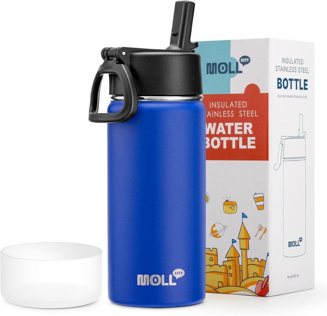 16 oz Water Bottle for Kids with Straw-Stainless Steel Double Wall Vacuum Insulated Wide Mouth Water Bottles for School, Leak-Proof Travel Water Flask(Navy)