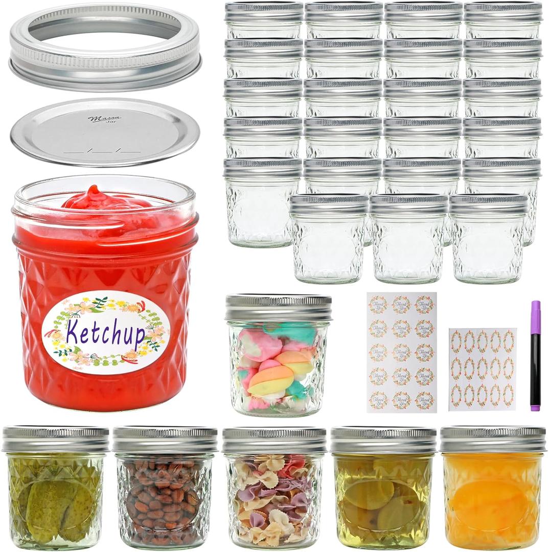 6 oz Mason Jars with Lids, Small Glass Jars, Canning Jars for Bathroom and Kitchen, Holds Seasonings, Jam, Sauces, DIY Spice Jars, Gifts for Friends, Pack of 30