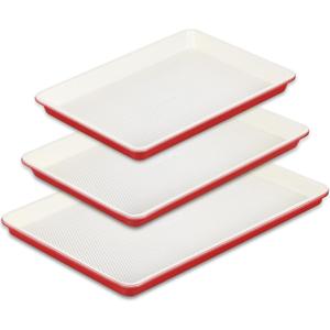 HONGBAKE 3 Pack Nonstick Ceramic Baking Sheet Pan Set for Oven, Non-Toxic Half/Quarter/Jelly Roll Pans with Diamond Texture, 0.8mm Aluminized Steel Cookie Trays for Cooking, Christmas Red & Cream