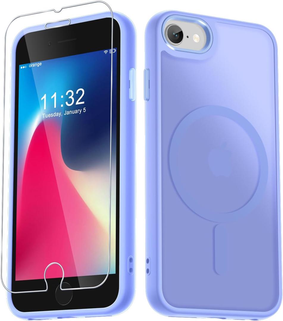 for iPhone SE Case 2022(3rd)/2020(2nd), iPhone 8/7 Case, with 1 Screen Protector, Matte Magnetic Slim Phone Cover, Support for Magsafe, Shockproof Protection Translucent Frosted Back, Lavender Purple