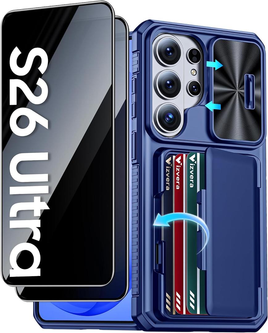 Vizvera for Galaxy S26 Ultra Case with 2 Pack Privacy Screen Protector[RFlD Card Holder][Camera Cover] Shockproof Silicone Protective Phone Case for S26 Ultra 2026