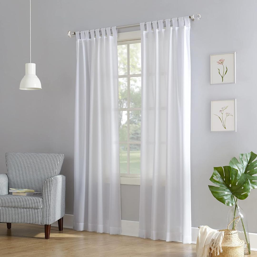 No. 918 Trevor Heathered Texture Semi-Sheer Tab Top Curtain Panel Pair, 40" x 63", White
