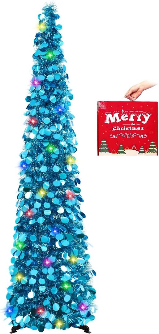 MACTING Pop Up Christmas Tree with Lights 5FT Blue Collapsible Easy-Assembly Coastal Glitter Tinsel Pencil Tree for Porch Apartment Corner Home Holiday Party Indoor Outdoor Xmas Decorations (1PC)