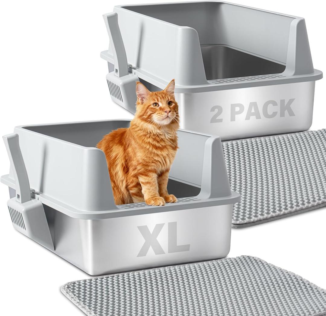 Stainless Steel Litter Box 2 Pack, Large Metal Litter Box with Lid, XL Cat Litter Boxes for Adult/Big Cat, Anti-Urine Leakage, Easy Cleaning, No Smell, Non-Stick, Includes Litter Scoop and Mat