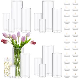 Set of 16 Pcs Glass Cylinder Vases for Centerpieces with 24 Pcs White Floating Candles for Centerpieces Glass Candle Holder for Table Shelf Wedding Party Home Decor (4"+6"+8"+10")