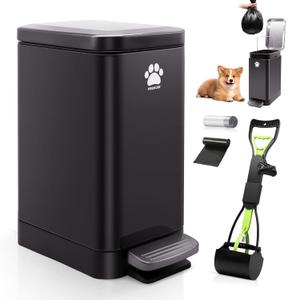 Dog Poop Trash Can Outside with Poop Scooper for Dogs, 12L/3.2Gal Metal Outdoor Garbage Can with Lid Suitable for Small, Medium and Large Dogs (Tungsten Steel)