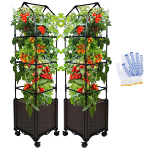 MQUPIN Raised Garden Bed Planter Boxes with Trellis,52''Self-Watering Tomato Planter Boxes with Trellis for Climbing Vegetables Plants Flowers Tomatoes with Wheels,Use for Indoor Outdoor(2 Pack)
