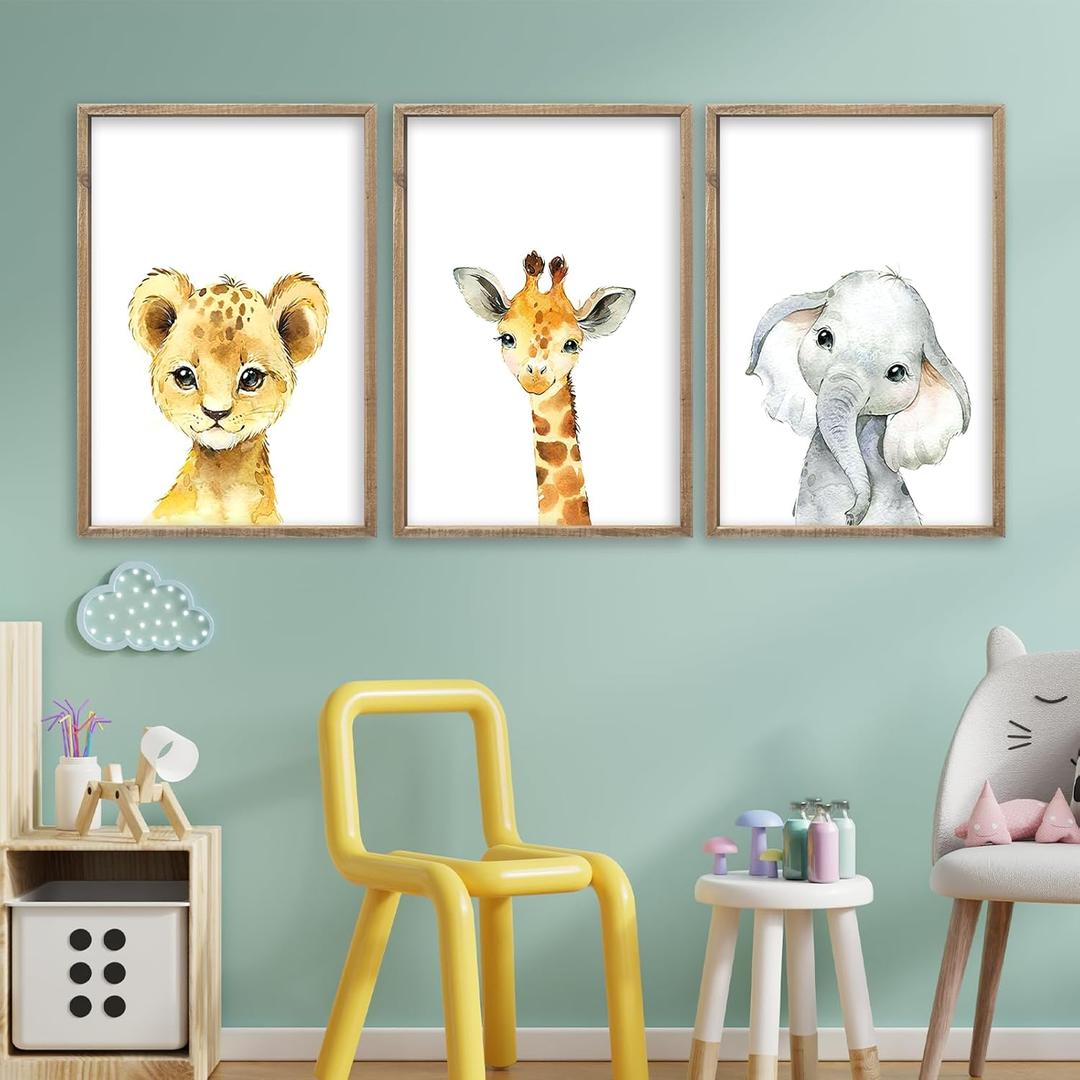 Baby Safari Nursery Wall Art Decor 24x16 Inch Set of 3 Wood Framed Cute Animal Giraffe Elephant Lion Prints Sign Kids Boys Girls Room Bedroom Jungle Animal Pictures Wall Hanging (Wood)