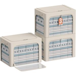 3Pack Clothes Storage Bins - Oxford Frame Storage Box Foldable Stackable Storage Organizer with 3 Openings Design, Metal Frame, Clear Window, Carry Handles (66L-19.7 x 15.7 x 13, Beige)