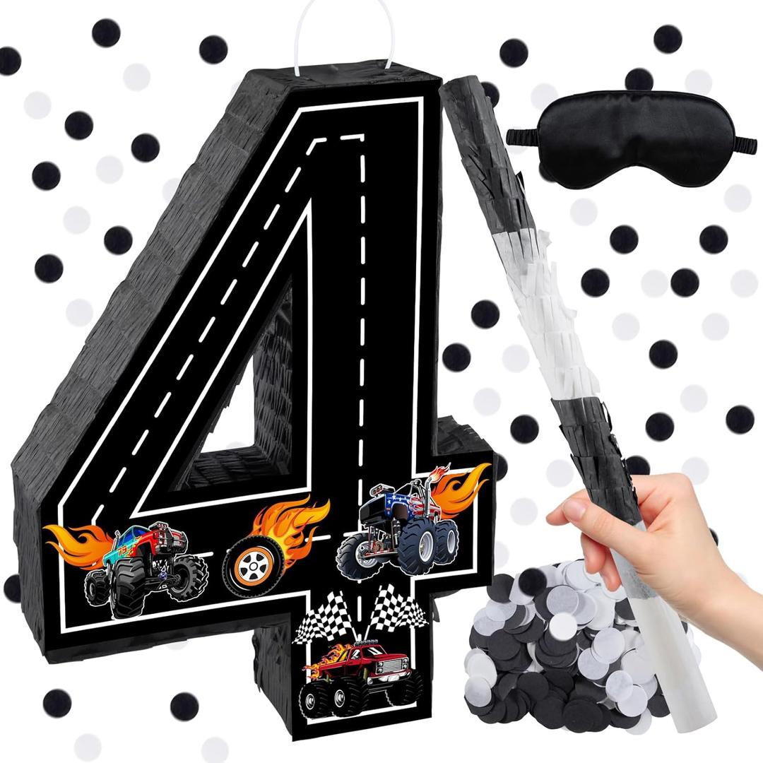 Truck Number 4 Pinata, 15.7 Truck Birthday Decorations with 16 Inch Piata Stick Blindfold Confetti for 4th Birthday Party Supplie