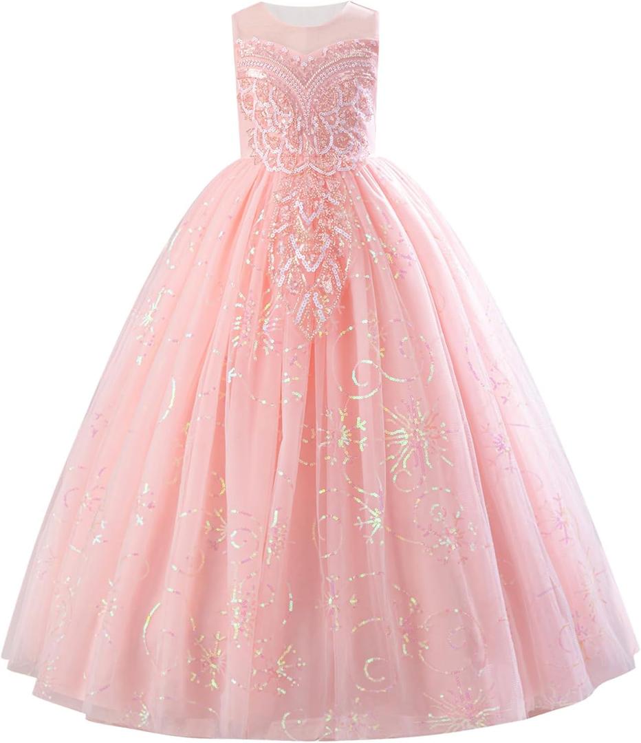 IDOPIP Sequin Appliques Flower Girl Dress for Kids Wedding Pageant Party Long Gown Princess Birthday Communion Tulle Dresses (Pink) 11-12Y