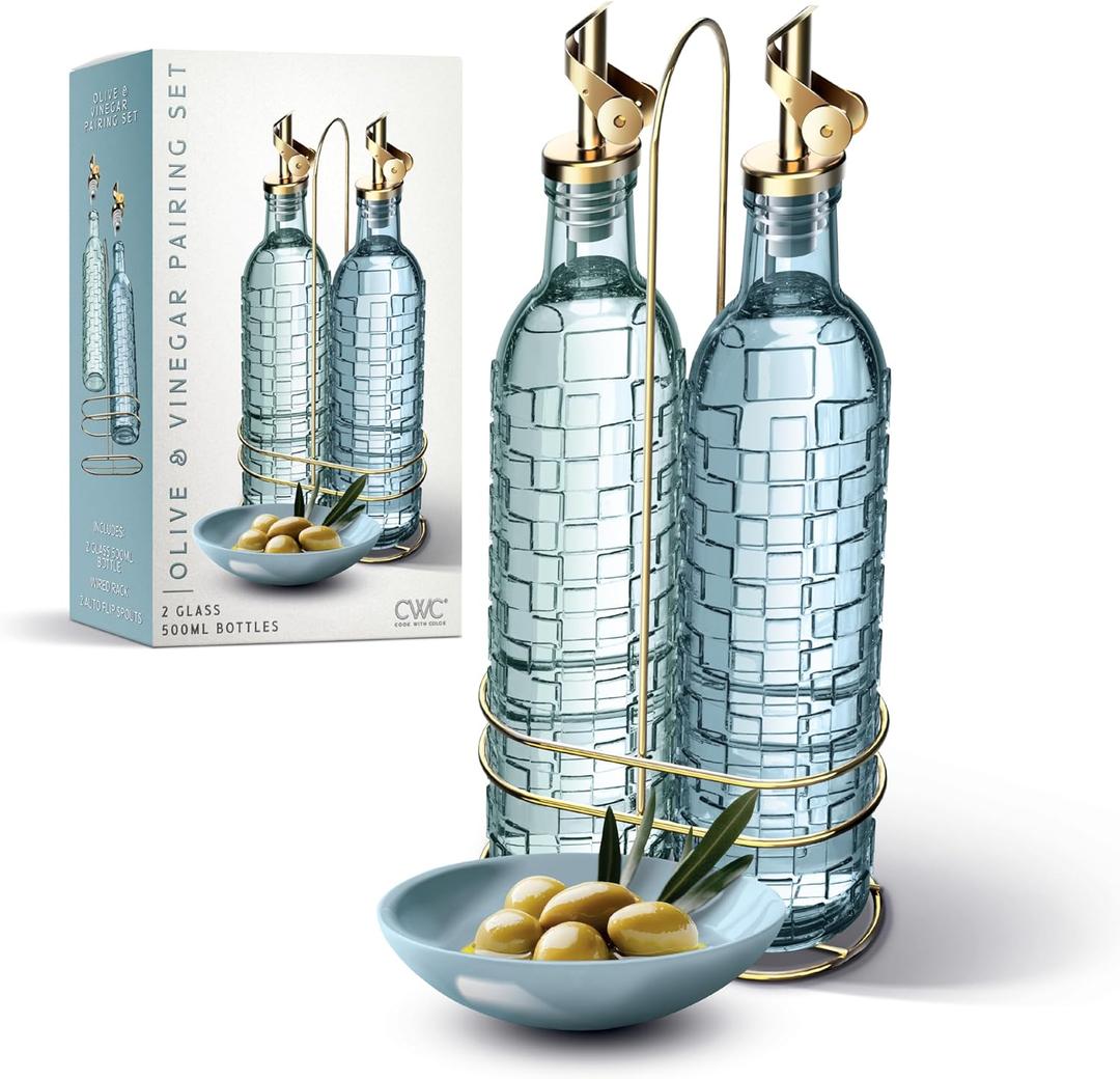 COOK WITH COLOR Glass Olive Oil Bottle Dispenser - 2 Pack- 17oz Oil and Vinegar Cruet - Olive Oil Carafe Decanter for Kitchen, Checkered, Blue