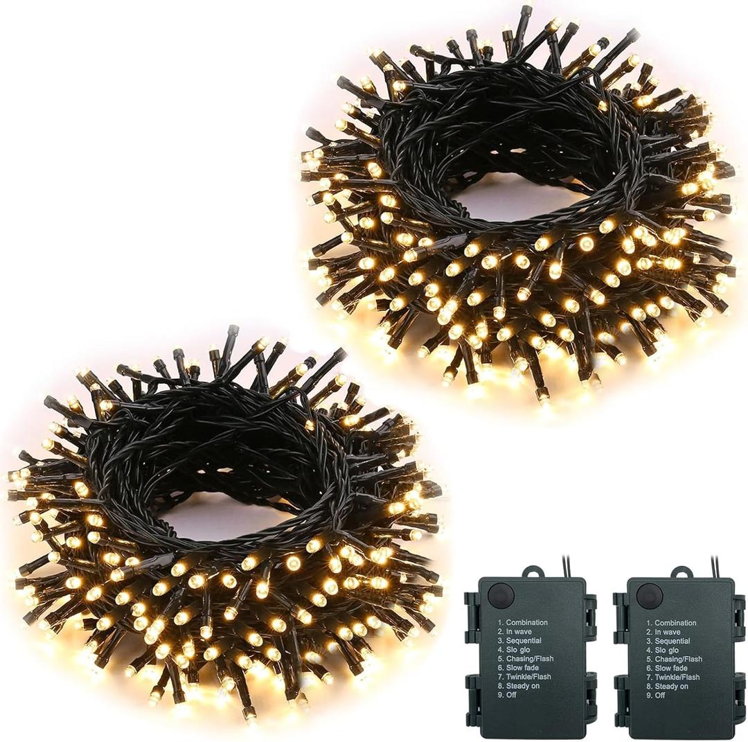 2 Pack Outdoor String Lights, Total 33FT 100LED, Battery Operated Christmas Lights with 9 Modes, Waterproof Fairy Lights, Warm White