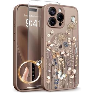 GVIEWIN for iPhone 16 Pro Case Compatible with MagSafe, [Military Grade Protection] [Screen Protector] Full Camera Protection Floral Translucent Women Magnetic Phone Case, Autumnflit/Brown