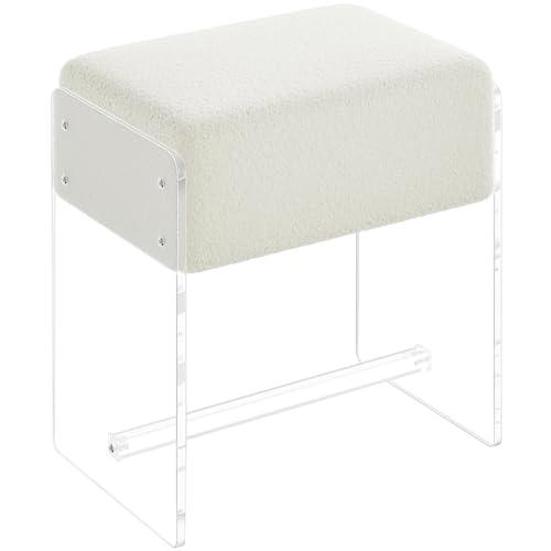XOHYW Vanity Stool Chair, Soft Ottoman with Clear Acrylic Legs, Modern Padded Seat Footstool for Entryway, Hallways, Bedrooms and Living Room (White)