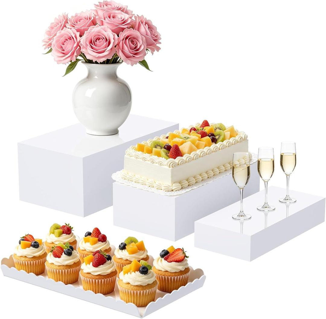 Buffet Risers, 4PCS White Acrylic Food Risers for Party Table, Large Rectangle Display Riser Stand with Hollow Box for Dessert Catering Supply, Scalloped Acrylic Tray for Cupcake