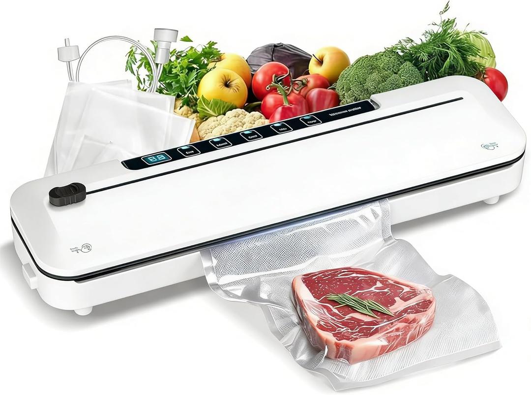 Vacuum Sealer Machine 75KPa Food with 6-in-1 Dry/Moist Modes & Digital Timer, Compact Lightweight Design, Built-in Cutter + 10 Bags (White)