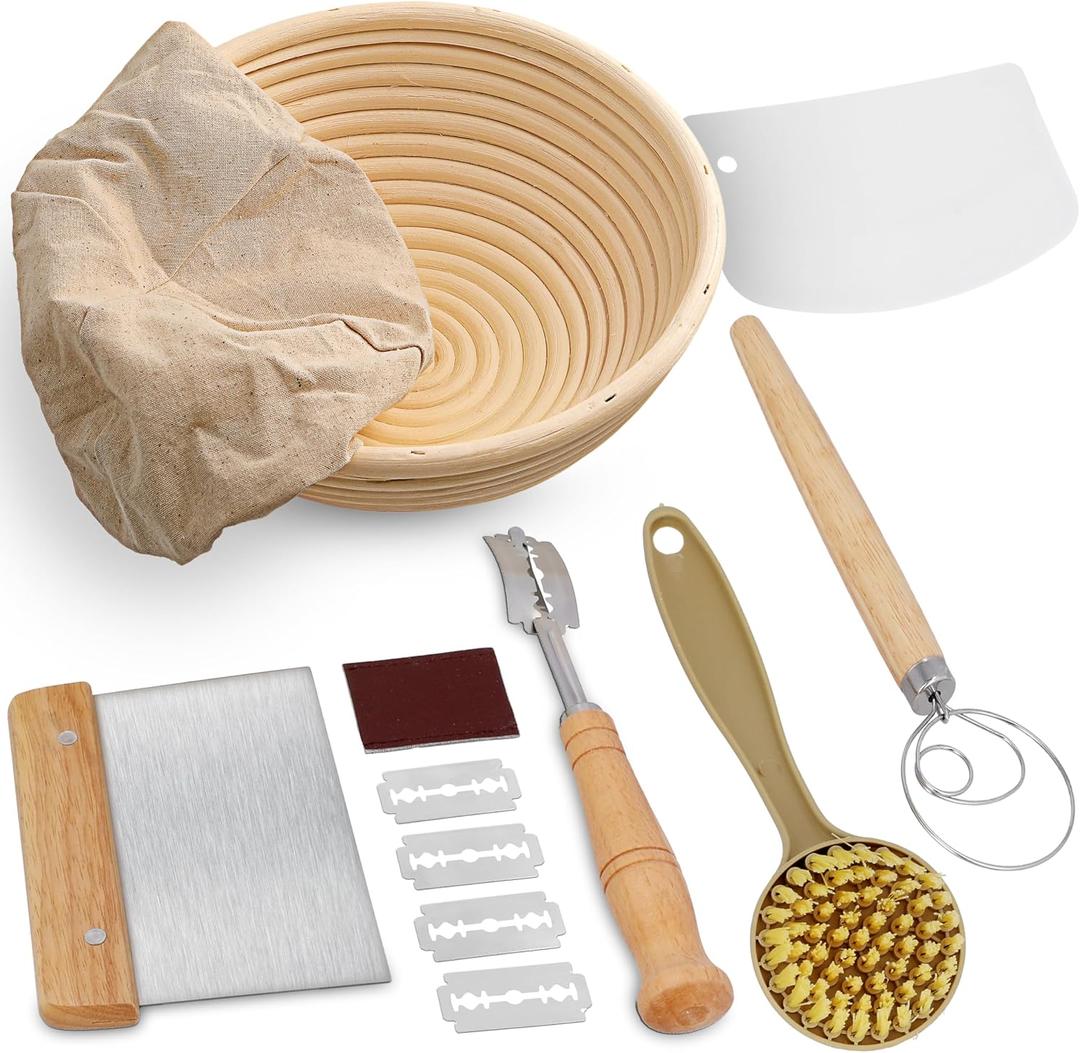 Swice Bread Proofing Basket, Round 9-Inch Banneton Sourdough Starter Kit with Lame, Dough Scraper, Linen Liner, and Basting Brush, Complete Bread Making Supplies and Tools