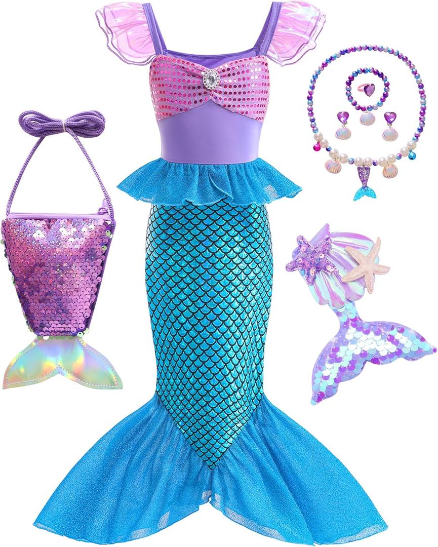 Princess Little Mermaid Costume Ariel Dress for Girls Birthday Party Halloween Cosplay Costumes 3-10Years (8-9 Years, K77)