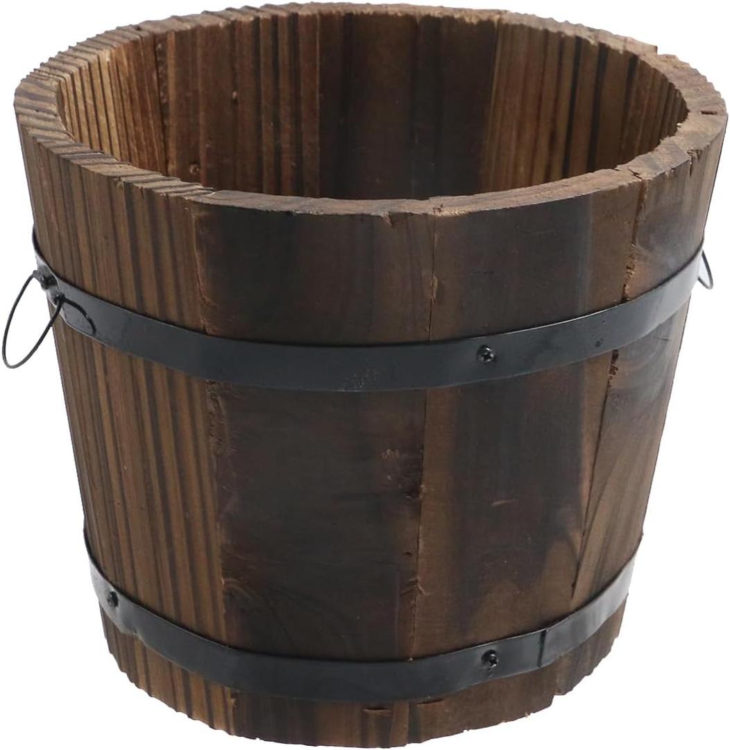 MY MIRONEY Plant Pots, Vintage Wooden Barrel Planter - Solid Rustic Garden Flower Pot with Metal Handles & Frame for Indoor Planter, Office Home Decor, Garden Home Plants, 5.91" x 4.72"
