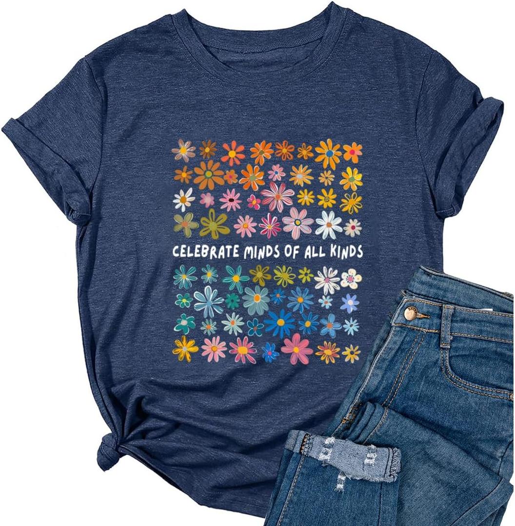 Ykomow Floral Celebrate Minds of All Kinds Shirts Womens Autism Awareness Graphic Tees Teacher Shirt (XX-Large, Navy)