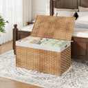 HOOBRO Storage Basket with Lid, 42.3 Gallon (160L) Wicker Basket, Handwoven Blanket Storage Basket with Handles, Metal Frame and Soft Lining, Foldable for Bedroom, Laundry Room, Natural NL216CW01