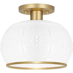 Brushed Brass Semi Flush Mount Ceiling Light with Clear Globe Glass, Modern Hallway Lighting Fixtures, Vintage Ceiling Light for Kitchen, Bedroom, Closet, Entryway, Porch (7.68in-ceiling, Gold+Milky)