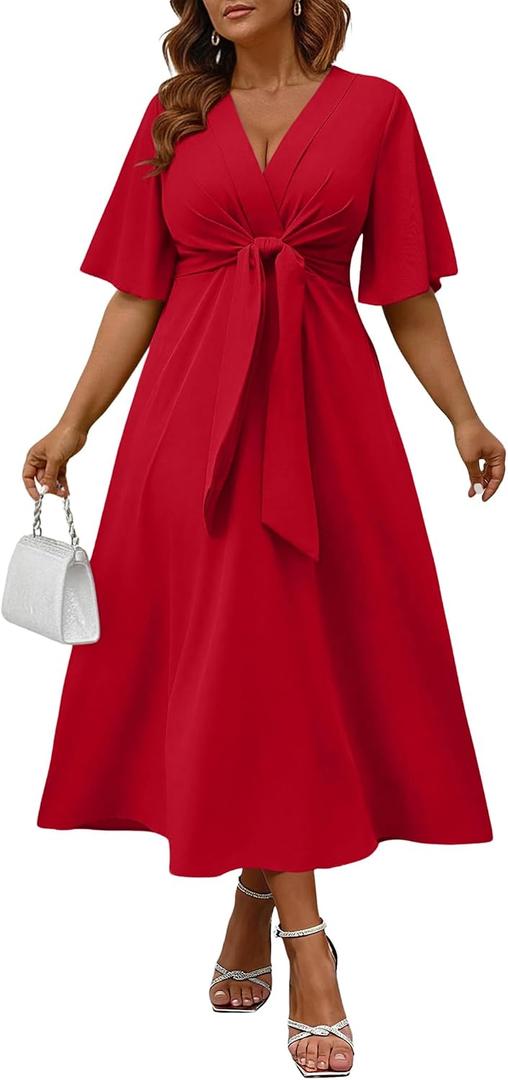 Ekaliy Women's Wedding Guest Dress,V Neck Ruffle Sleeve A Line Maxi Church | Stretchy lightweight fabric, wrap v-neck with chest tie, side pockets, curvy-friendly fit for formal cocktail events. (XXL)