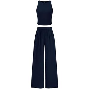 PRETTYGARDEN Spring Two Piece Sets For Women 2025 Ribbed Knit Crew Neck Sleeveless Tank Tops Wide Leg Pants Casual Lounge Set S