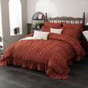 Herside Brick Red Ruched Comforter Set King Size, Boho Ruffle Bedding 9 Pcs Bed in A Bag, Fluffy Luxury Ruffle Comforter Bedding with Flat Sheet, Fitted Sheet, Pillow Shams, Pillowcases for All Season