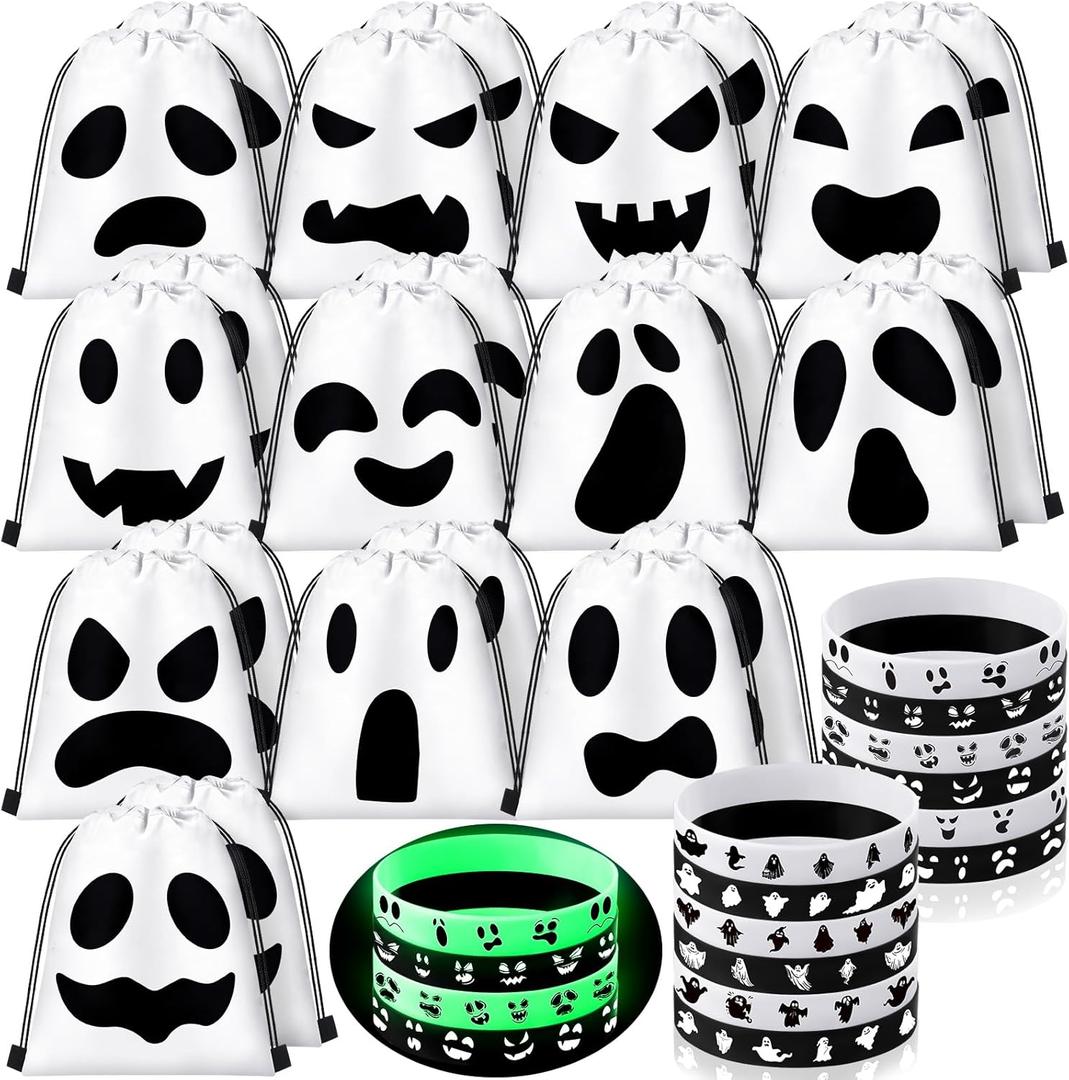 48 Pcs Halloween Goodie Candy Bags Glow in The Dark Ghost Silicone Wristband Halloween Trick or Treat Bags for Party Favors for Gift Wrapping Party Supplies