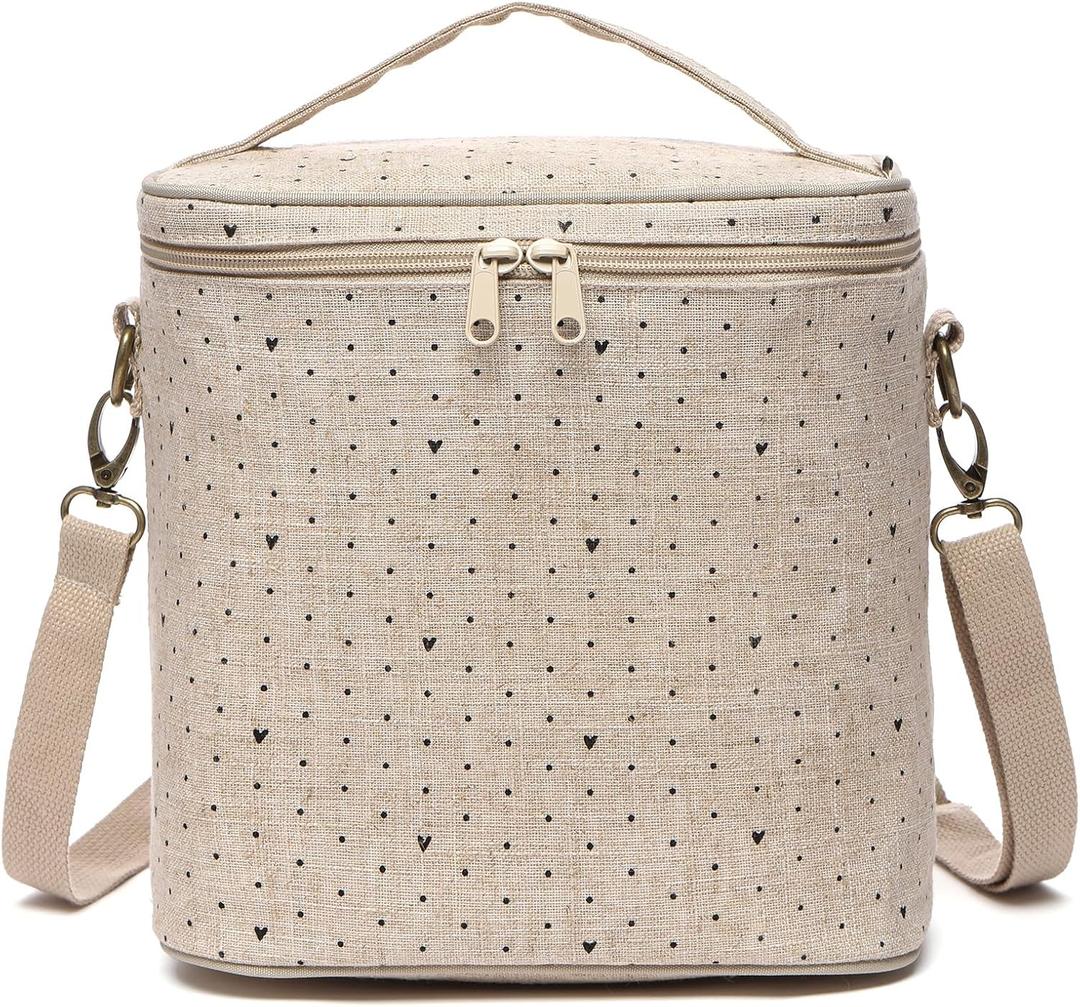 Lunch Bag for Women, Soft Linen Lunch bag with adjustable shoulder strap, Insulated Womens Lunch Bag for Work, Machine Washable Lunch Box with removable liner (Black Small Dots)