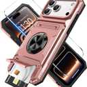 for iPhone 17 Pro Wallet Case with Card Holder + 1 Screen Protector, (2 Cards) & 360Ring Kickstand Military Grade Drop Shockproof Rugged Case for iPhone 17 Pro 6.3" (Rose Gold)