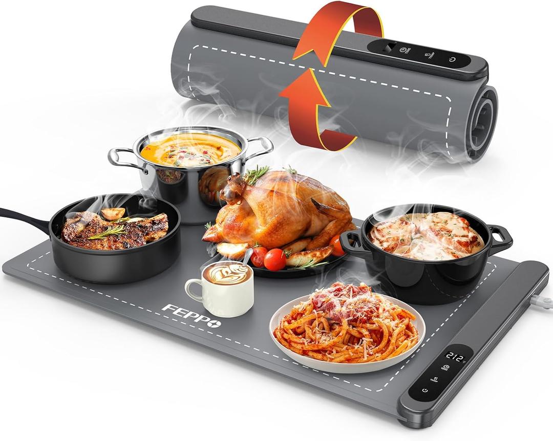 FEPPO Food Warming Mat, Upgrade High-tech Heating System, Fast Full Surface Electric Warming Tray with 6 Level Adjustable Temperature and 6 Hours Timer, Roll Up Food Warmers for Parties Buffet