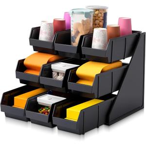 Novabright 9 Compartment Serve Condiment Bin Self Serve Condiment Packet Organizer Stand Countertop Plastic Containers Storage Display Rack for Coffee Shops Restaurants Bars(9 Bin)
