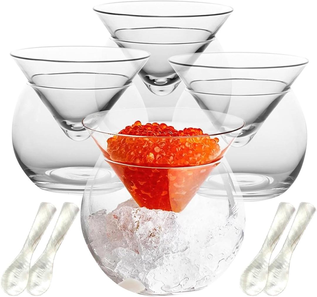 8 PCS Glass Caviar Serving Set with Shell Caviar Spoons Chiller Server with Ice Holder for Shrimp Ice Cream Martinis and Cocktails Dishwasher Safe Caviar Serving Dish