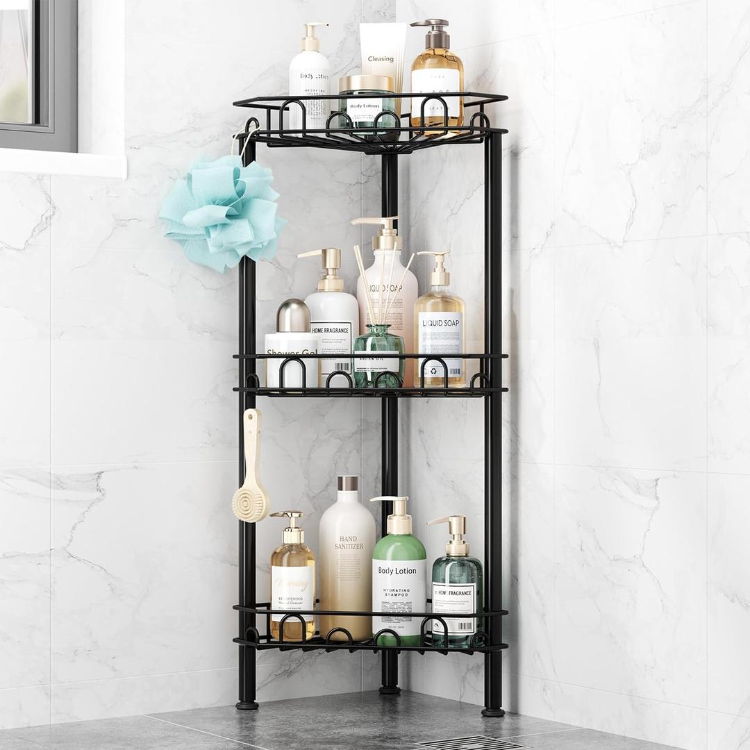 Standing Shower Caddy Corner - 3‑Tier Stainless Steel Shower Organizer Shelf with 12 Hooks and Adhesive Pads, Rustproof Corner Shelves Stand Rack for Bathroom Shower Room, Black
