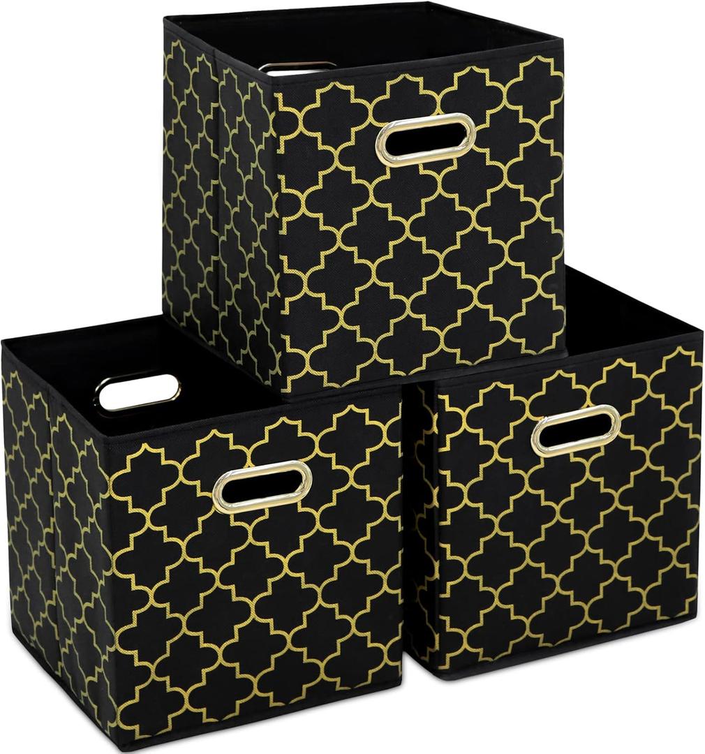Fabric storage bins Cubes, Fabric Cube Organizer with Handle, Foldable Cube Bins for Cloth or Accessary Storage, 11x11x11, Set of 3, (Black Gold)