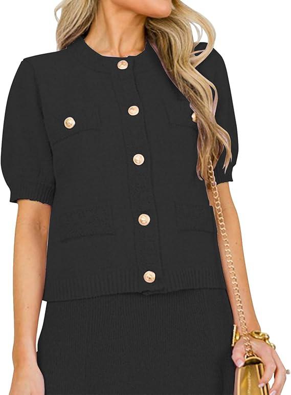 Women's Button Down Knit Cropped Cardigan Short Puff Sleeve Crewneck Casual Open Front Sweater Tops with Pockets  S