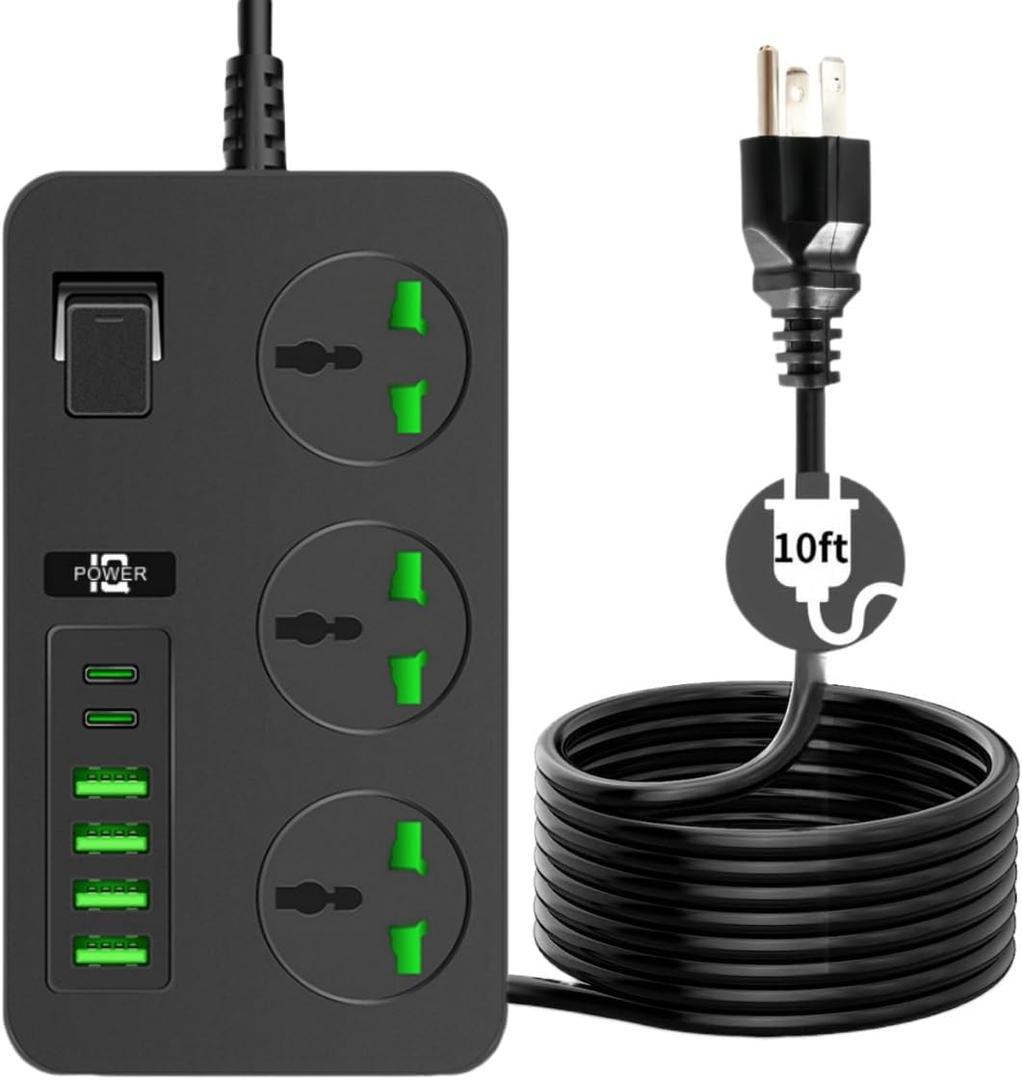 Power Strip 10ft with 4 USB Ports 2 USB C 3 Wide AC Outlets, COOFINE Black Extension Cords, 110-240v, Max 3000w,Universal Outlets Travel Plug Extender for Overseas Work Essentials